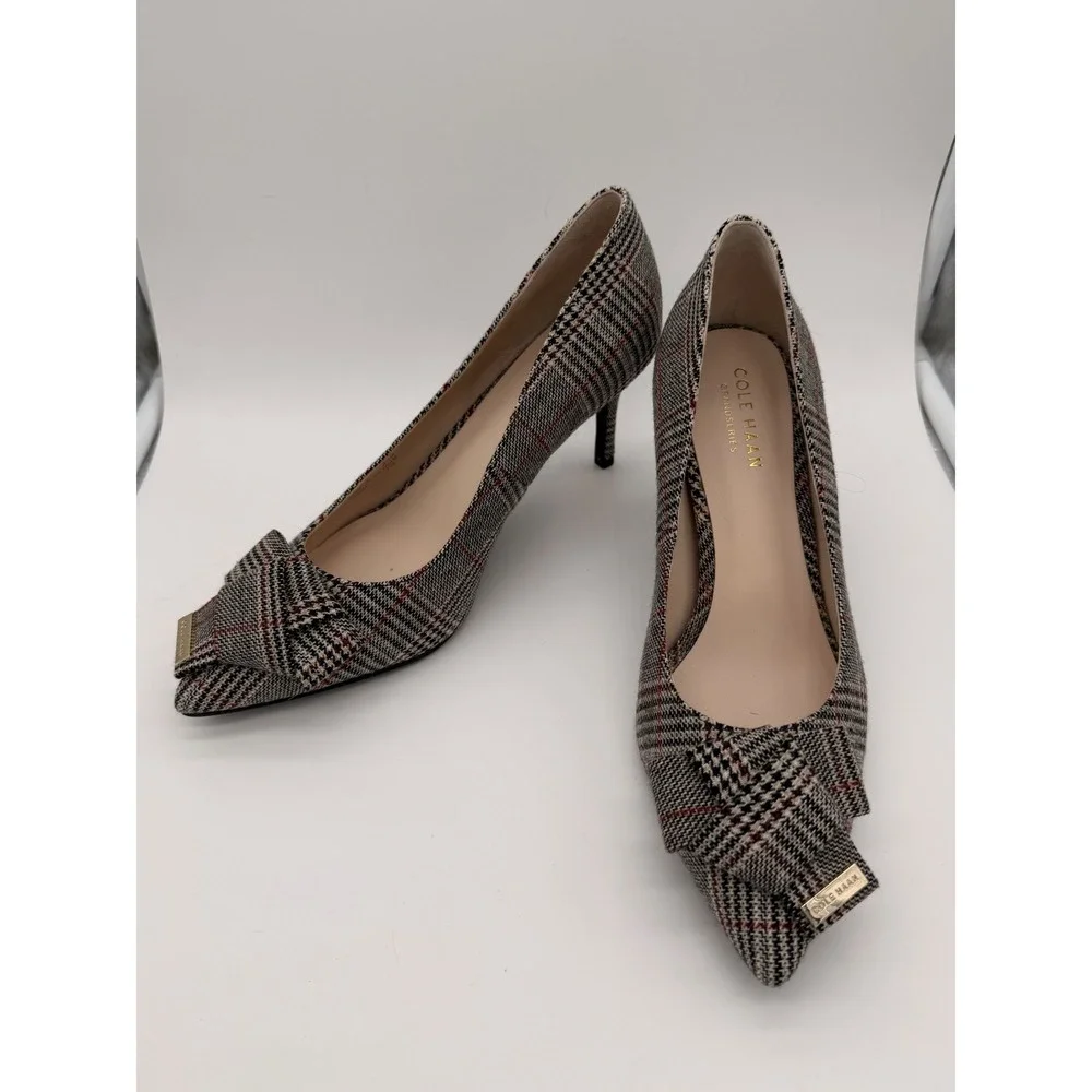 Cole Haan Grandseries Plaid Bow Pumps‎ Pointed Toe Heels Gray Red W24724 6.5B
